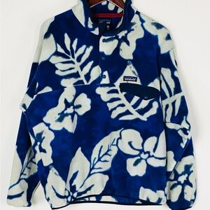 RARE Patagonia Synchilla Fleece Blue & White Hibiscus 1/4 Snap-Front Pullover